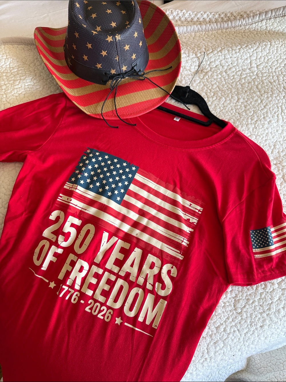 250 Years of Freedom Red Kids T‑Shirt – Patriotic Graphic Tee and Cowboy Hat